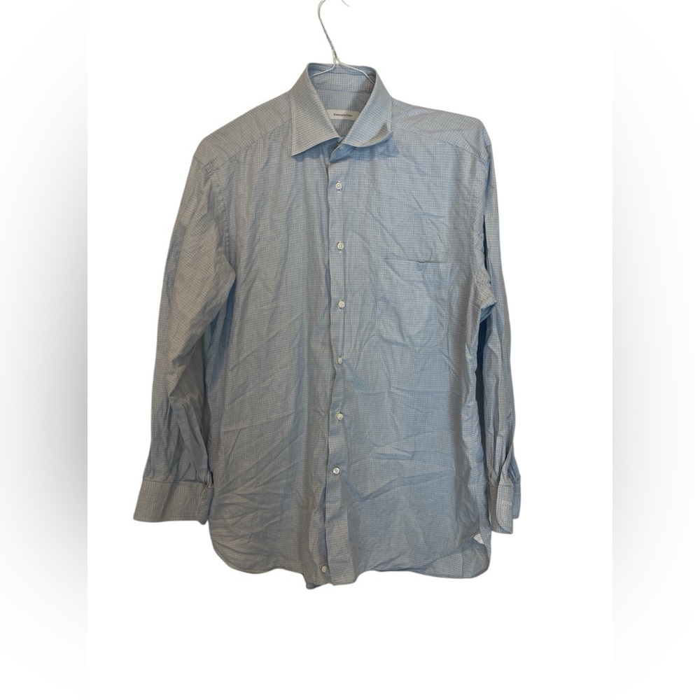 Ermenegildo Zegna Men’s Shirt Size 41 / 16 Regular Blue Check Button Up‎ Flaw